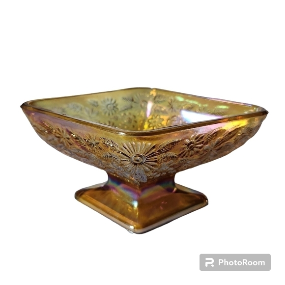 Vintage Indiana Carnival Glass Amber Pedestal Diamond Shaped Dish - Picture 1 of 5
